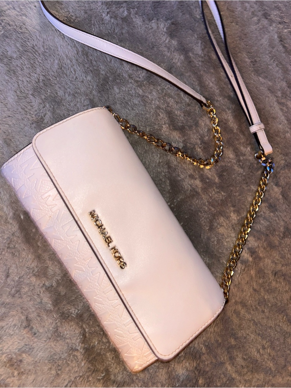 Michael Kors White Leather & Logo-Embossed Crossbody with Gold Chain
